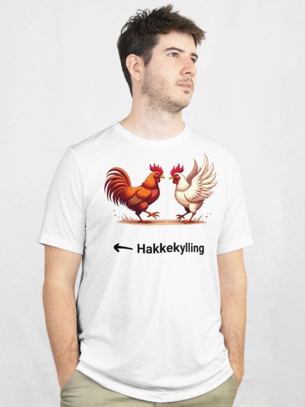 a man wearing a white shirt with a picture of two chickens