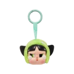 Labubu Crybaby Powerpuff Girls nøkkelring, Buttercup-variant, grønn hette.