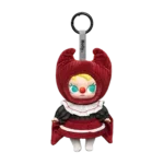Labubu Why So Serious Crimson Dancer plysj nøkkelring i rød kjole.