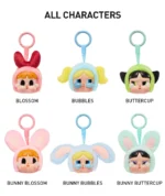Nærbilde av Labubu Crybaby Powerpuff Girls figurer med Blossom, Bubbles og Buttercup.