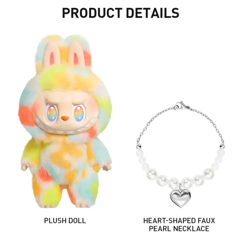 Detaljer om Labubu Rock the Universe plysjdukke og hjertehalsbånd.