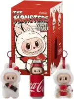 Labubu Coca Cola fullt sett med figurer, inkludert en med miniatyr Coca Cola flaske