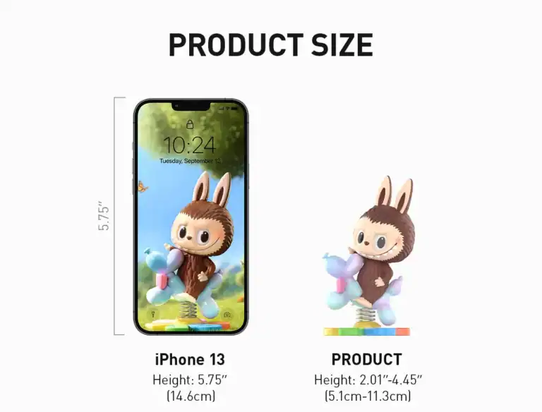 POP MART Finding Mokoko samlefigur ved siden av iPhone 13 for størrelsesreferanse
