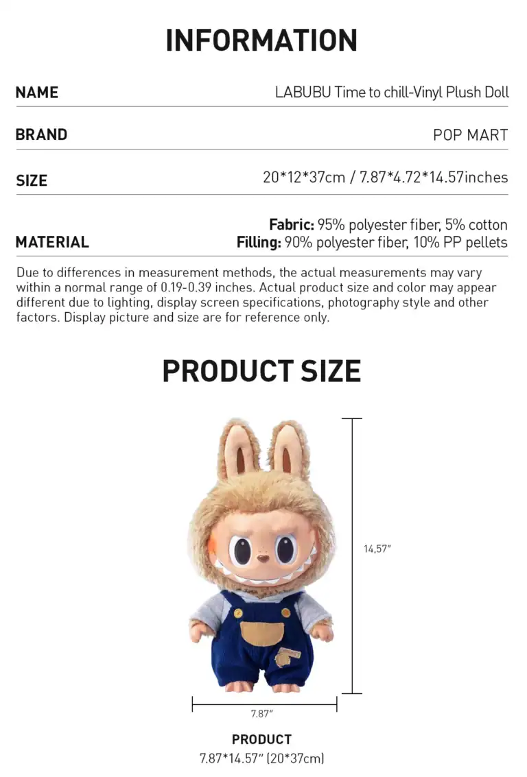 Labubu Time to Chill vinyl plush doll produktdetaljer og størrelse