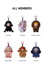 Seks POP MART SKULLPANDA You Found Me! nøkkelringfigurer, inkludert Darkness, Fluffy Bear.