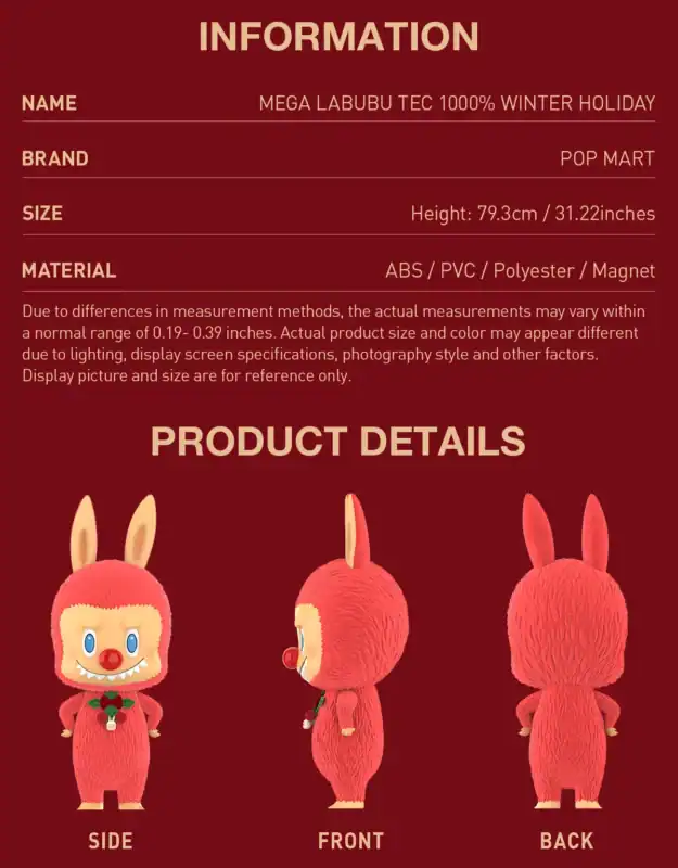 MEGA LABUBU TEC 1000% Winter Holiday produktdetaljer side foran og bak