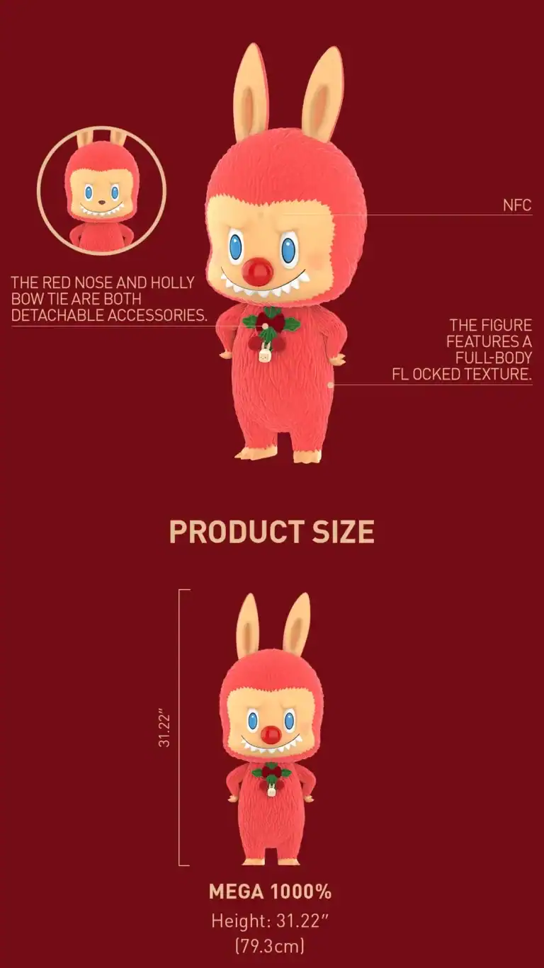 Info om MEGA LABUBU TEC 1000 figur: størrelse, funksjoner og materiale