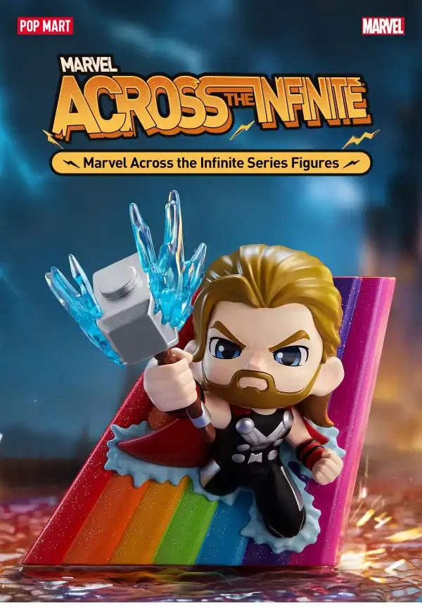 Popmart Marvel Across the Infinite Series figur av Thor med Mjølner og regnbuebase
