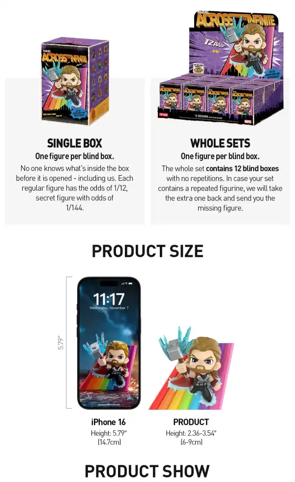 Popmart Marvel Across Infinite Series Thor figur detaljert visning.