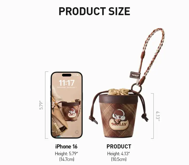 Molly mini veske størrelsesoversikt sammenlignet med iPhone 16