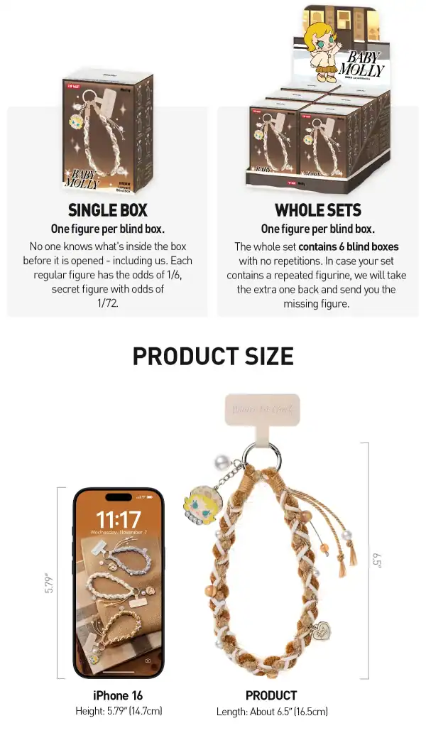Baby Molly nøkkelbånd blind box informasjon og produktstørrelse