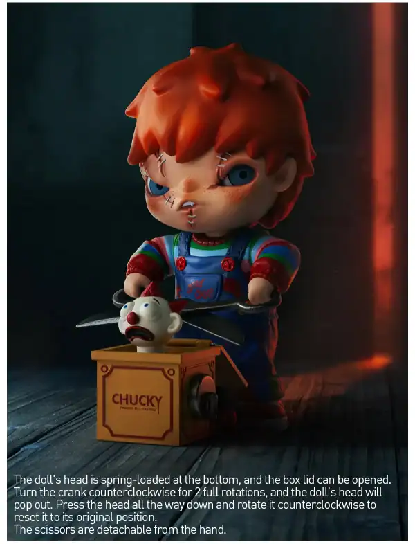 Hirono X Chucky skrekkfigur som spretter opp fra esken, med illustrerte instruksjoner