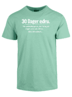 Mintgrønn "30 Dager edru" t-skjorte med tekst om alkohol og humor.